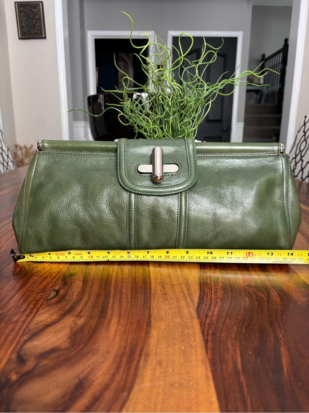 Danier Green Leather Clutch Bag with Turn-Lock Closure